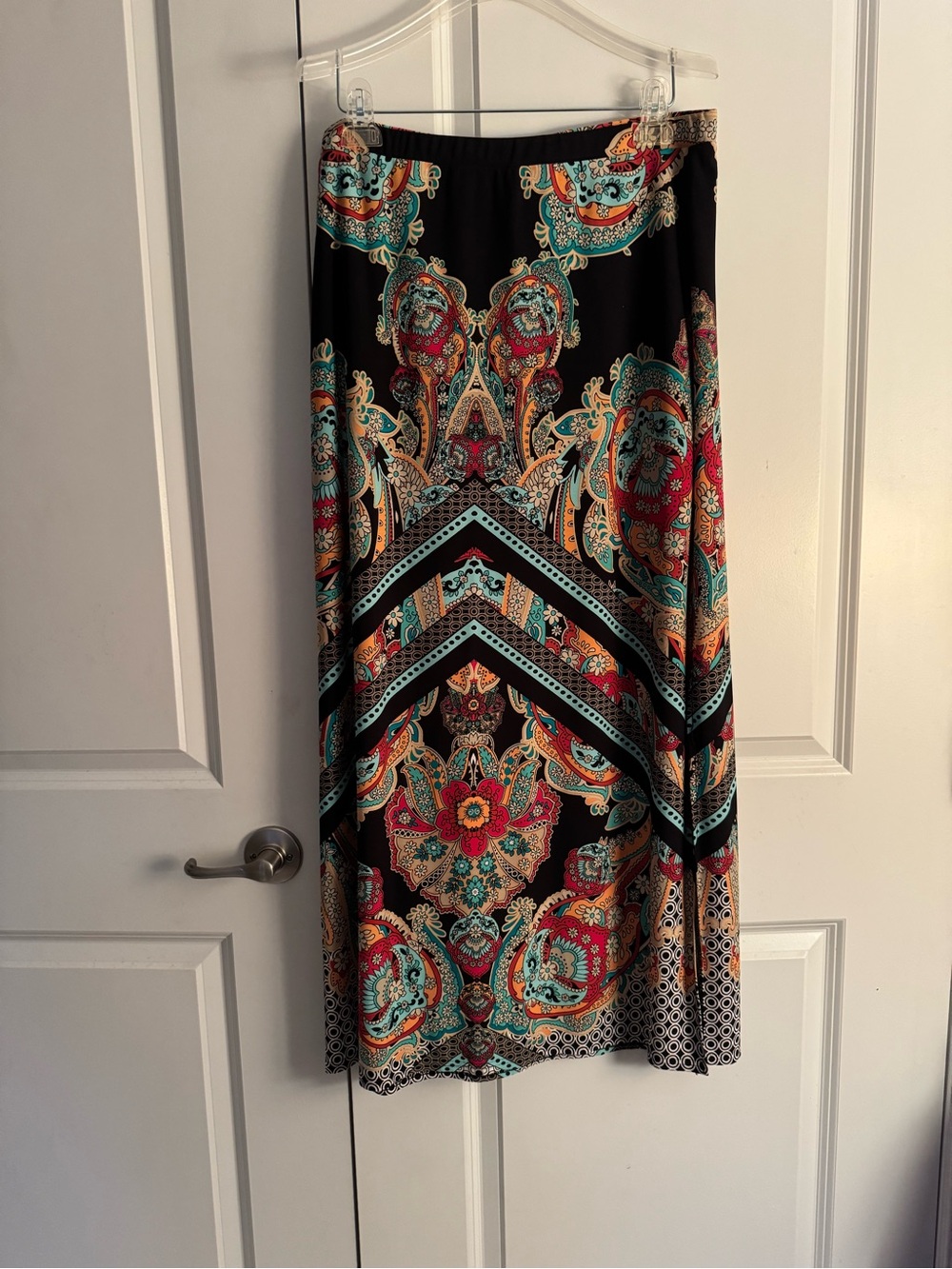 Peck & Peck Black Maxi Skirt with Teal, Coral & Gold Paisley size large
